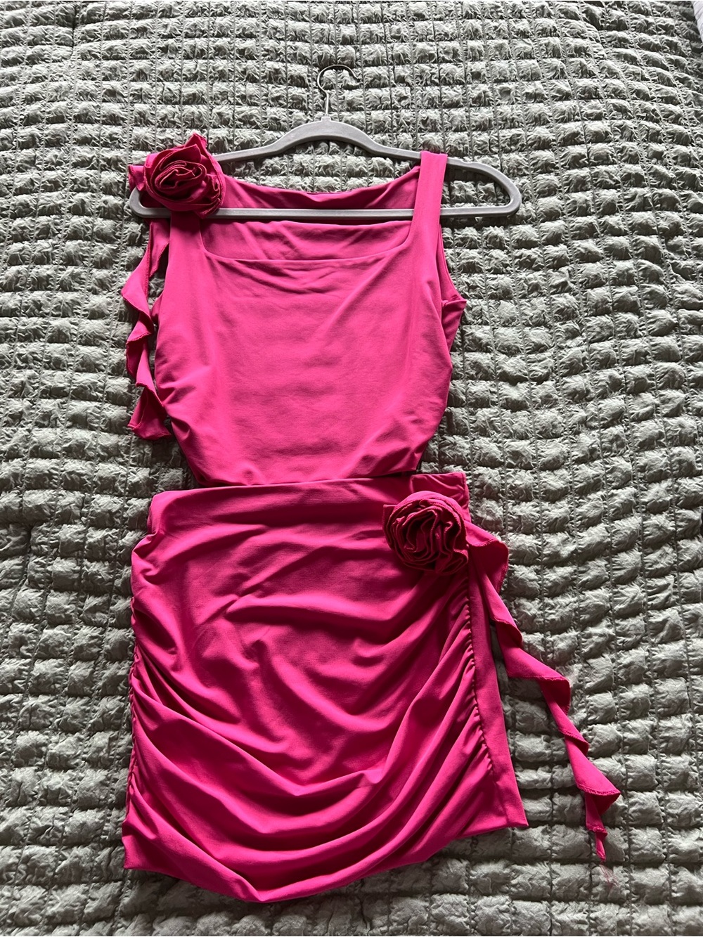 Amazon Hot Pink One-Shoulder Ruched Mini Dress with Floral Detail